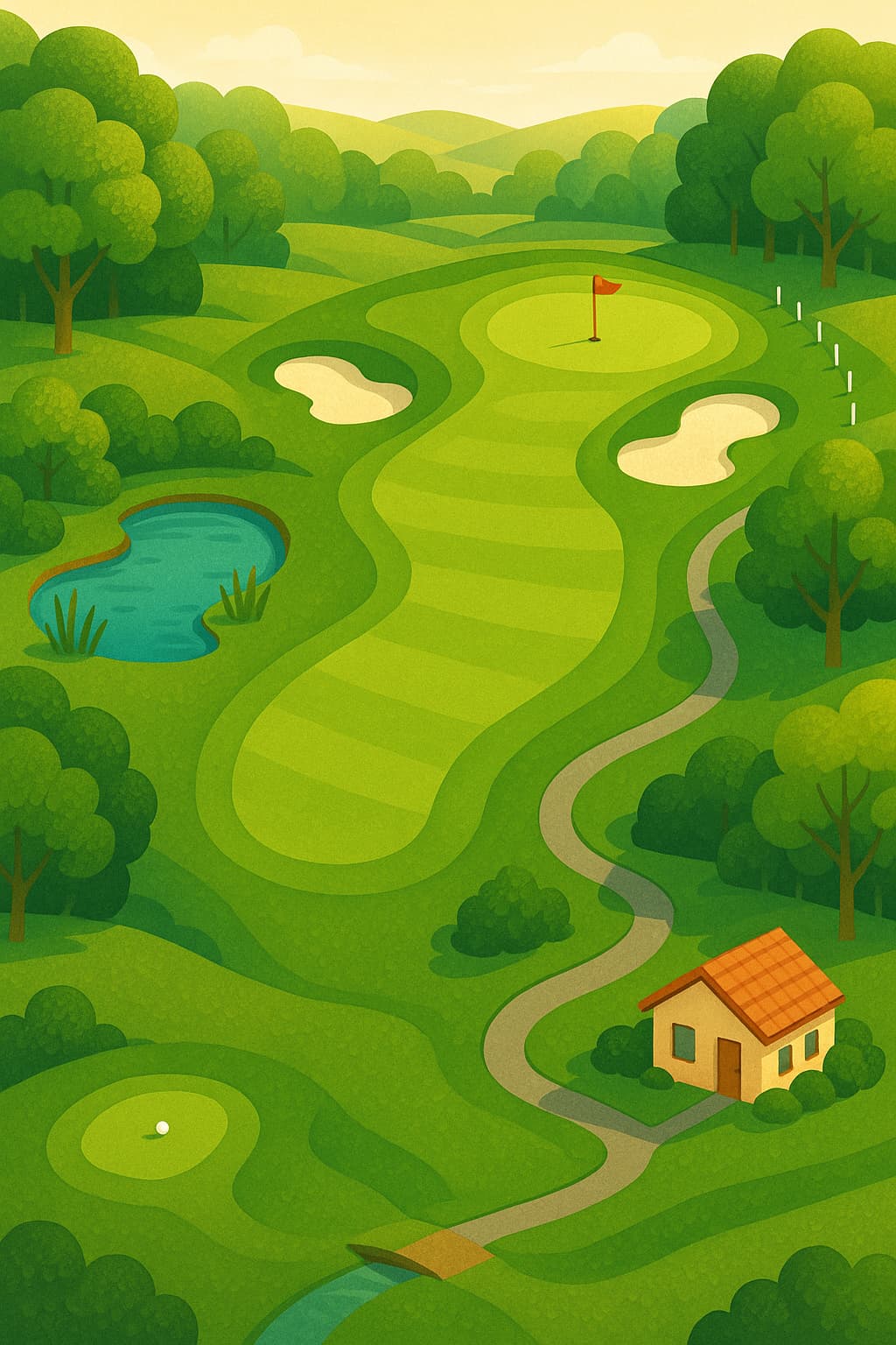 Illustrert kart over et golfhull med områdene markert