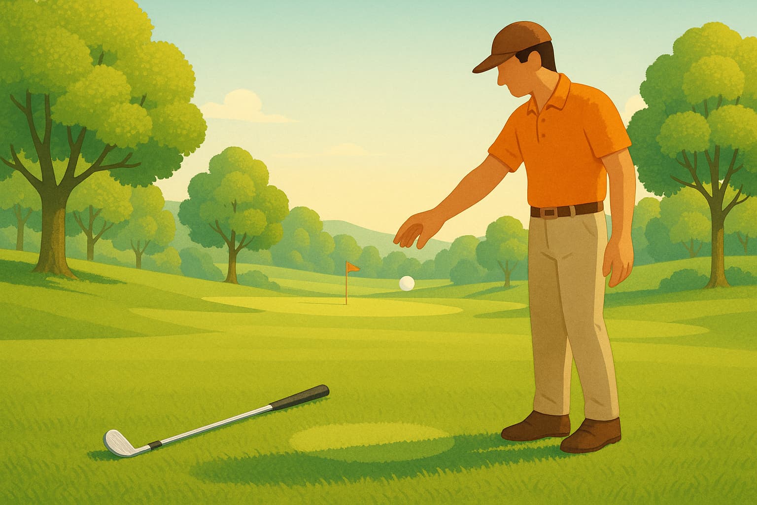 Illustrasjon av en golfspiller som slipper en ball fra knehøyde ned i et markert fritaksområde