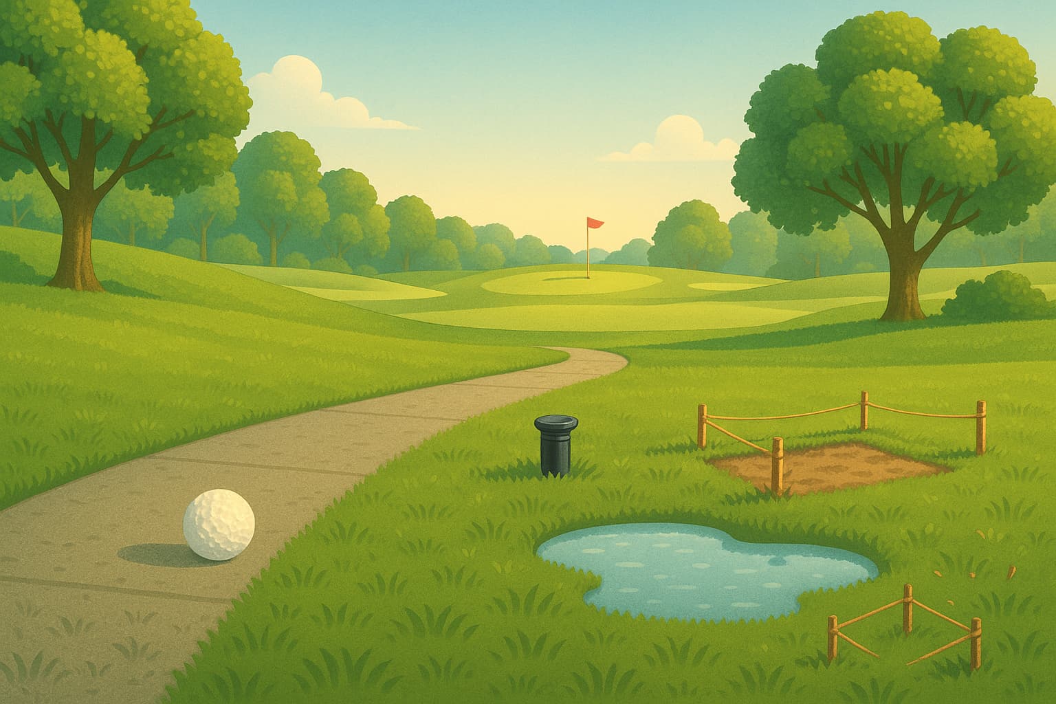 Illustrasjon av en ball på en vognvei ved fairwayen, med dropp uten straff tegnet oppå